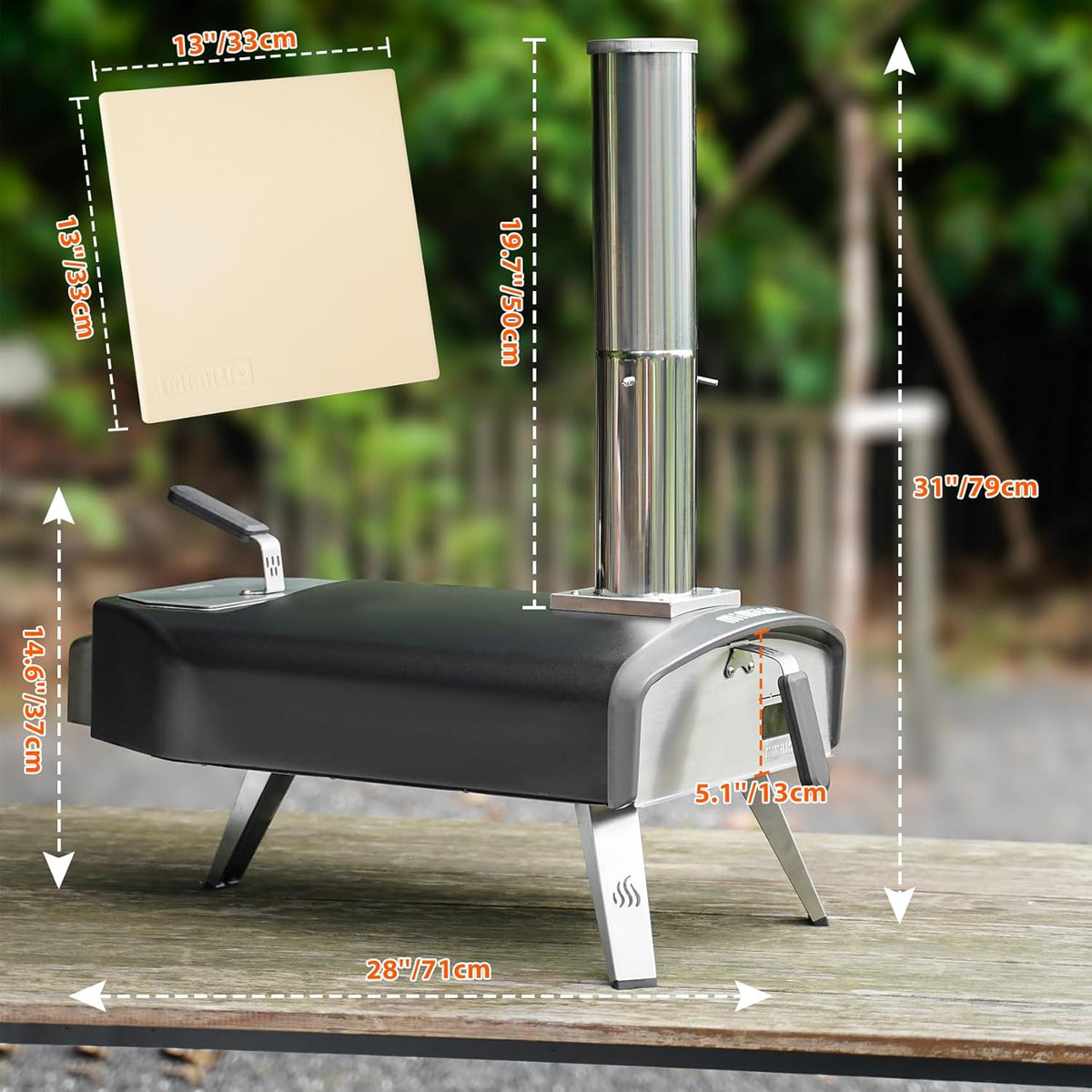 Mimiuo Draagbare Pizzaoven voor Buiten met 33cm Vierkante Pizzasteen, Mobiele Pizzaoven voor Houtskool en Brandhout, Houtgestookte Pizzaoven voor Tuin, Camping, Pizza Oven
