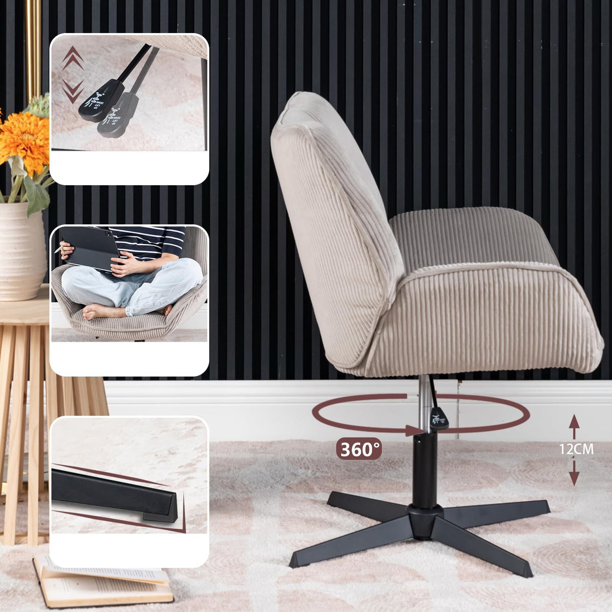 MEUBLE COSY Padded swivel chair for living room, bedroom, office, reclining chair with thick seat, backrest and armrests made of ribbed velvet, taupe - QUORE