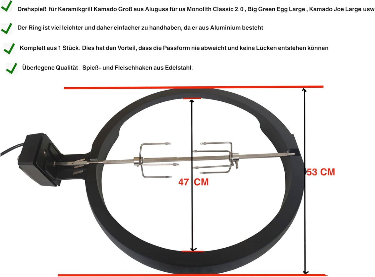 draaispit van aluminium voor Kamado BBQ Large, compatibel met Monolith Classic 2.0, Big Green Egg Large, Kamado Joe Large - grillspit, rotisserie, garen, keramische grill