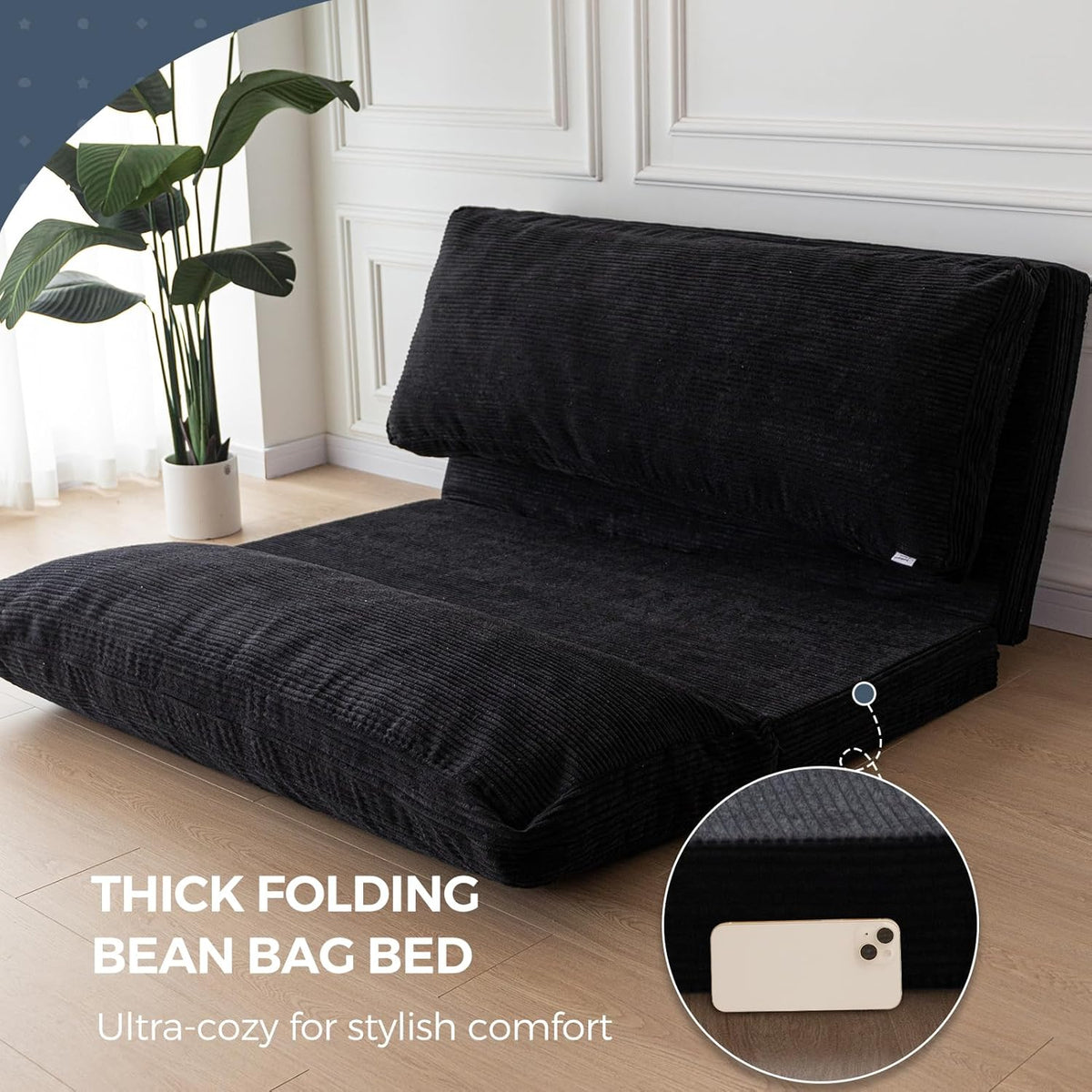 MAXYOYO Opvouwbare zitzak van corduroy met schuimvulling, extra dik, 4 lagen, matras/vloerbank voor volwassenen, afneembare en machinewasbare overtrek, zwart, 100 x 240 cm