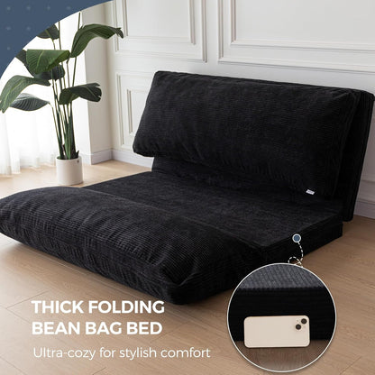 MAXYOYO Opvouwbare zitzak van corduroy met schuimvulling, extra dik, 4 lagen, matras/vloerbank voor volwassenen, afneembare en machinewasbare overtrek, zwart, 100 x 240 cm