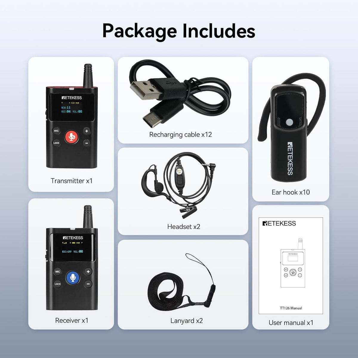 Retekess TT126 Two Way Guide System, draadloos tourgidsysteem, 280 m, heldere geluidskwaliteit, twee-weg communicatie-apparaat, voor fabriek, vergaderingen, training