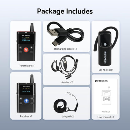 Retekess TT126 Two Way Guide System, draadloos tourgidsysteem, 280 m, heldere geluidskwaliteit, twee-weg communicatie-apparaat, voor fabriek, vergaderingen, training