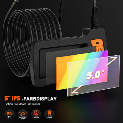 Endoscoopcamera met drie lenzen, 15 m, 5 inch IPS-scherm, 8 mm slangencamera, HD 1080p digitale inspectiecamera, IP67 waterdicht, buiscamera met vette kabel, 32 GB