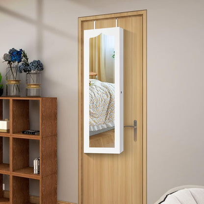 FANTASK Hangende sieradenkast, simpelkast met ledverlichting, spiegel en 6 laden, hangkast voor deur- en wandmontage, sieradenkast voor het opbergen van sieraden en cosmetica, wit