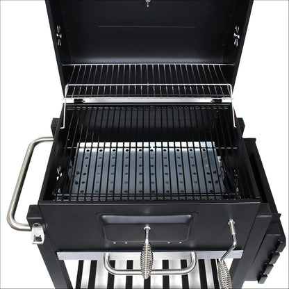 Wiltec barbecue trolley met deksel, houtskool BBQ met legplank en brandklep, grillwagen op wielen met hoogteverstelling inclusief thermometer