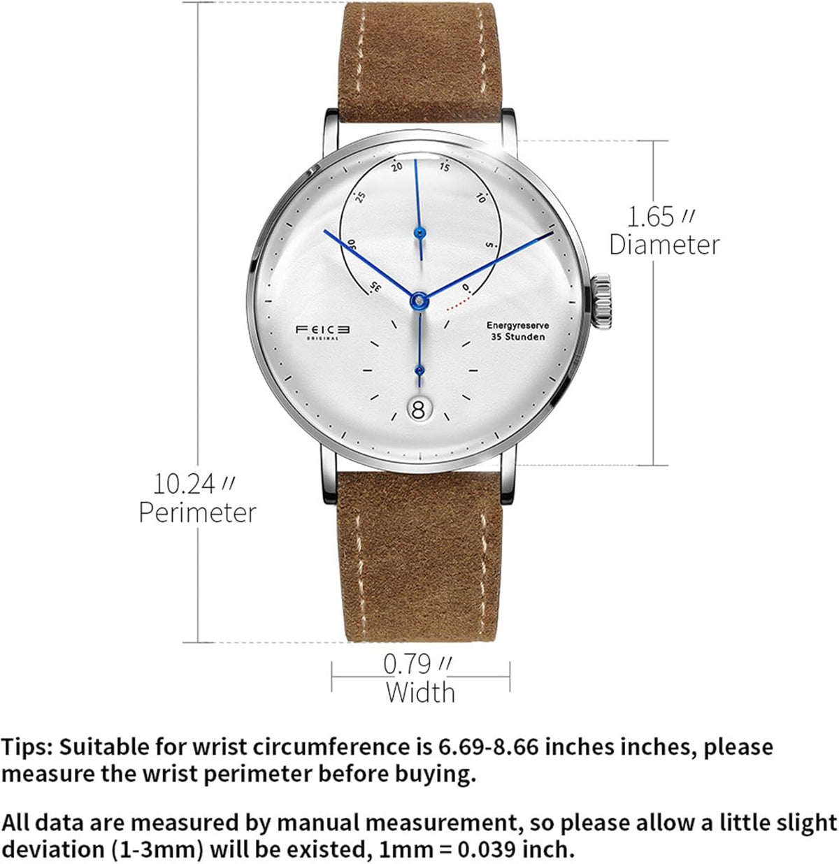 FEICE FM202 Automatisch herenhorloge met gebogen mineraalglas, klassiek horloge, mechanisch horloge, Bruin leder, Minimalist