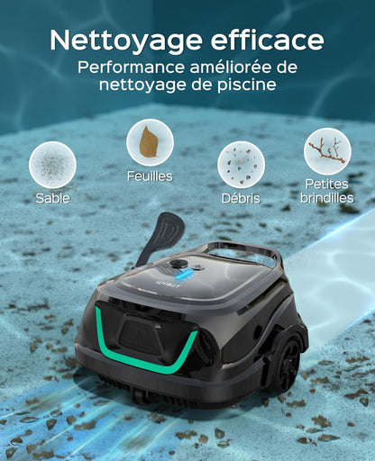 WYBOT A1 Zwembadrobot-accu met dubbel filtersysteem, 120 minuten, ultrastille reiniging voor zwembaden van 100 m², energiebesparend systeem en draadloze zwembadstofzuiger, mat, zwart-groen
