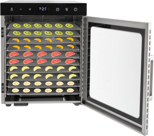 Voedseldroger – Voedselontvochter – Droogmachine – Fruitdroger – Vleessnijder – RVS 304/201 – 800W Vermogen – 10 Trays, Instelbare Temperatuur 30-90°C