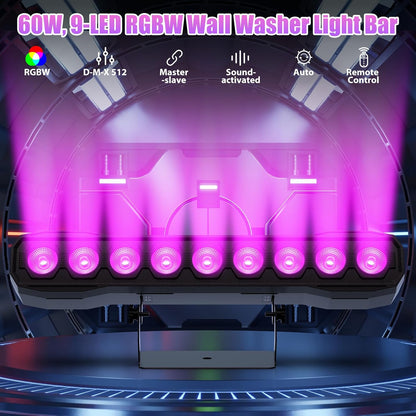 9 RGBW LED Wall Washer podiumlicht 60W, lichtbalk effectspot met afstandsbediening DMX512 stroboscoop discolicht partylicht voor bruiloft DJ Outdoor Kerstmis 2 stuks
