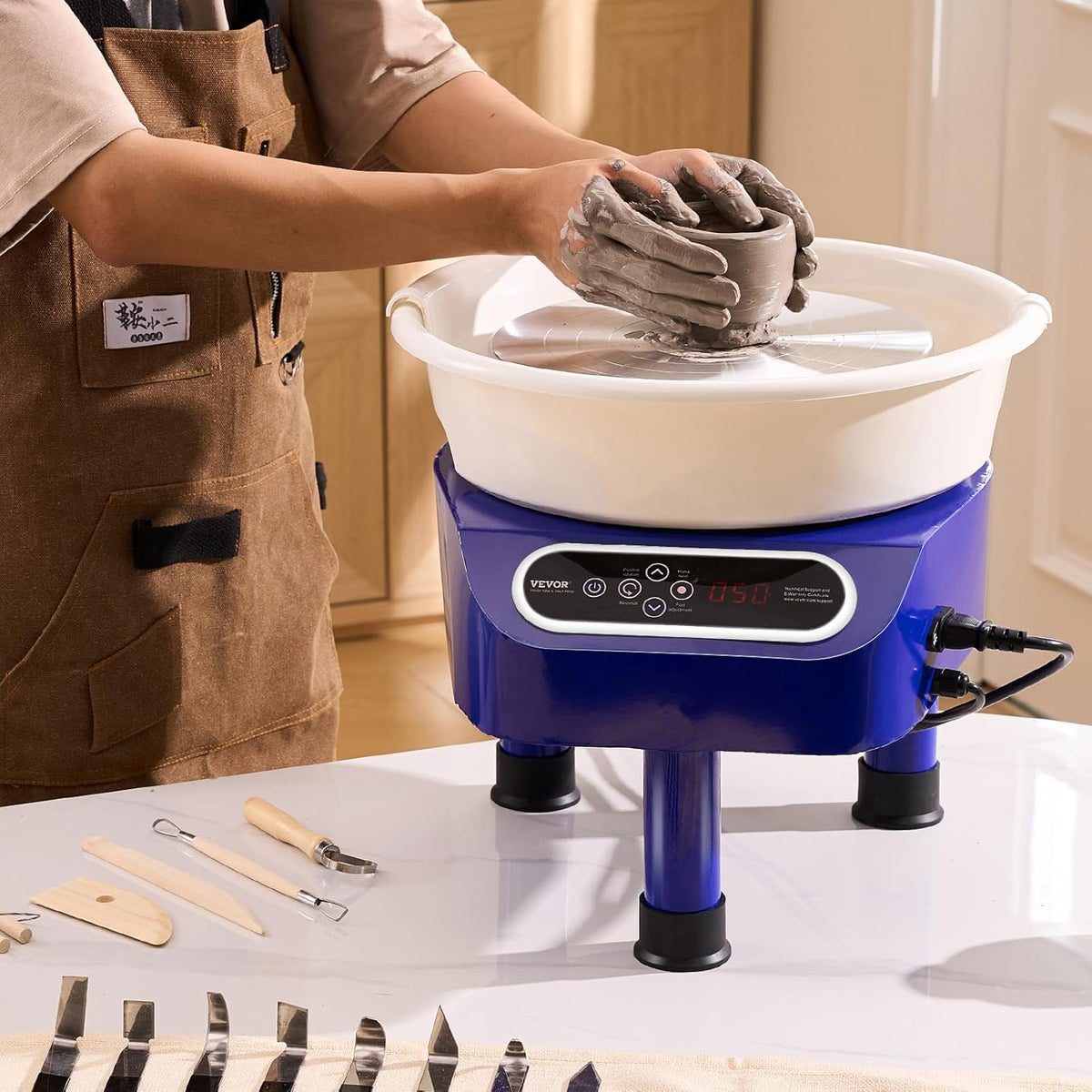 VEVOR Elektrische pottenbakkersmachine, 250 mm, 350 W, met pedaal, touchscreen, LCD, mini-draaibank met 3 steunpoten, snelheidsbereik van 50-300 omw/min, voor keramische handwerk, blauw