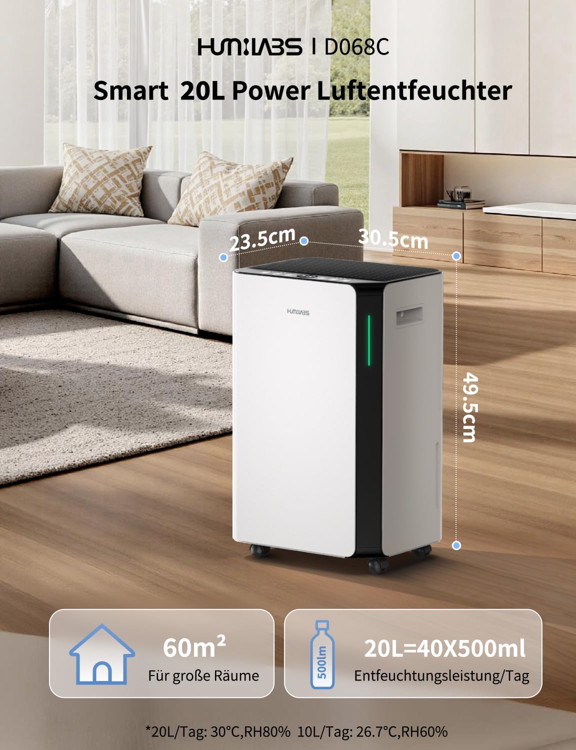 Elektrische luchtontvochtiger – Luchtontvochtiger – Ontvochtiger – Ruimteontvochtiger – Kelderontvochtiger – 20 Liter per Dag voor Ruimtes tot 60 m² – Wifi- en App-bediening met 3 Bedrijfsmodi