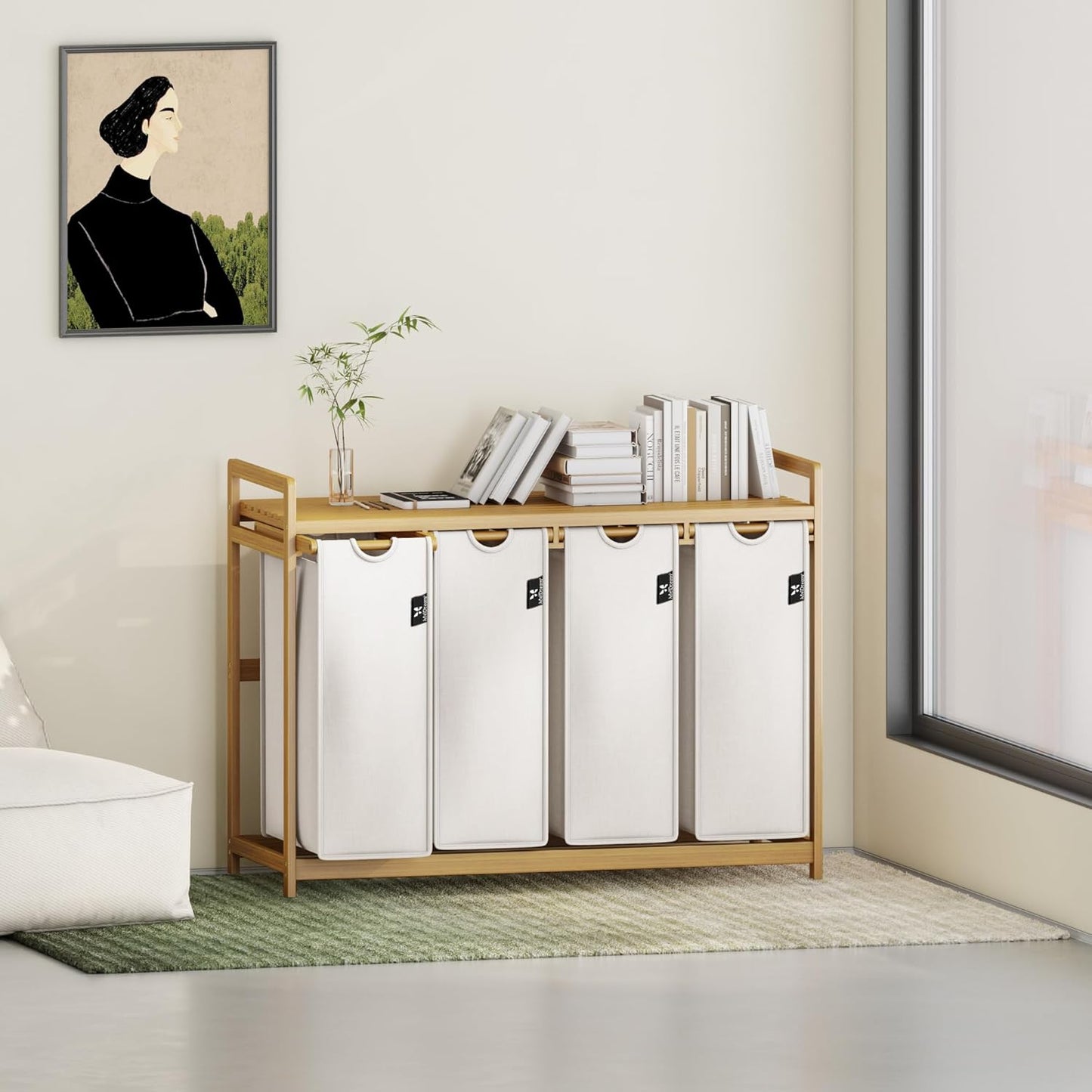 AdealDream Wasmand met bamboeframe 200L 4 vakken uittrekbare en afneembare waszak wasverzamelaar laundry baskets bamboe lichtgrijs-06-19