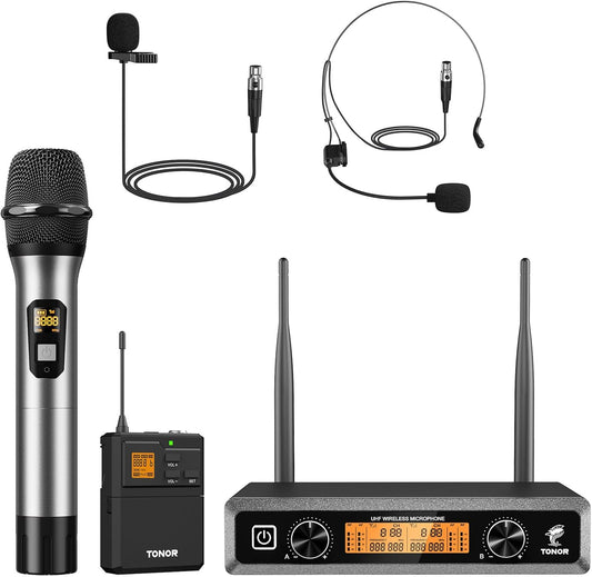TONOR UHF Draadloze Microfoon Systeem met Metalen Draadloze Handheld/Headset/Lavalier Revers Mics, Bodypack Zender, Ontvanger, 2 * 5 Kanalen 60M Bereik voor Zingen Karaoke Kerk Party DJ PA Speaker