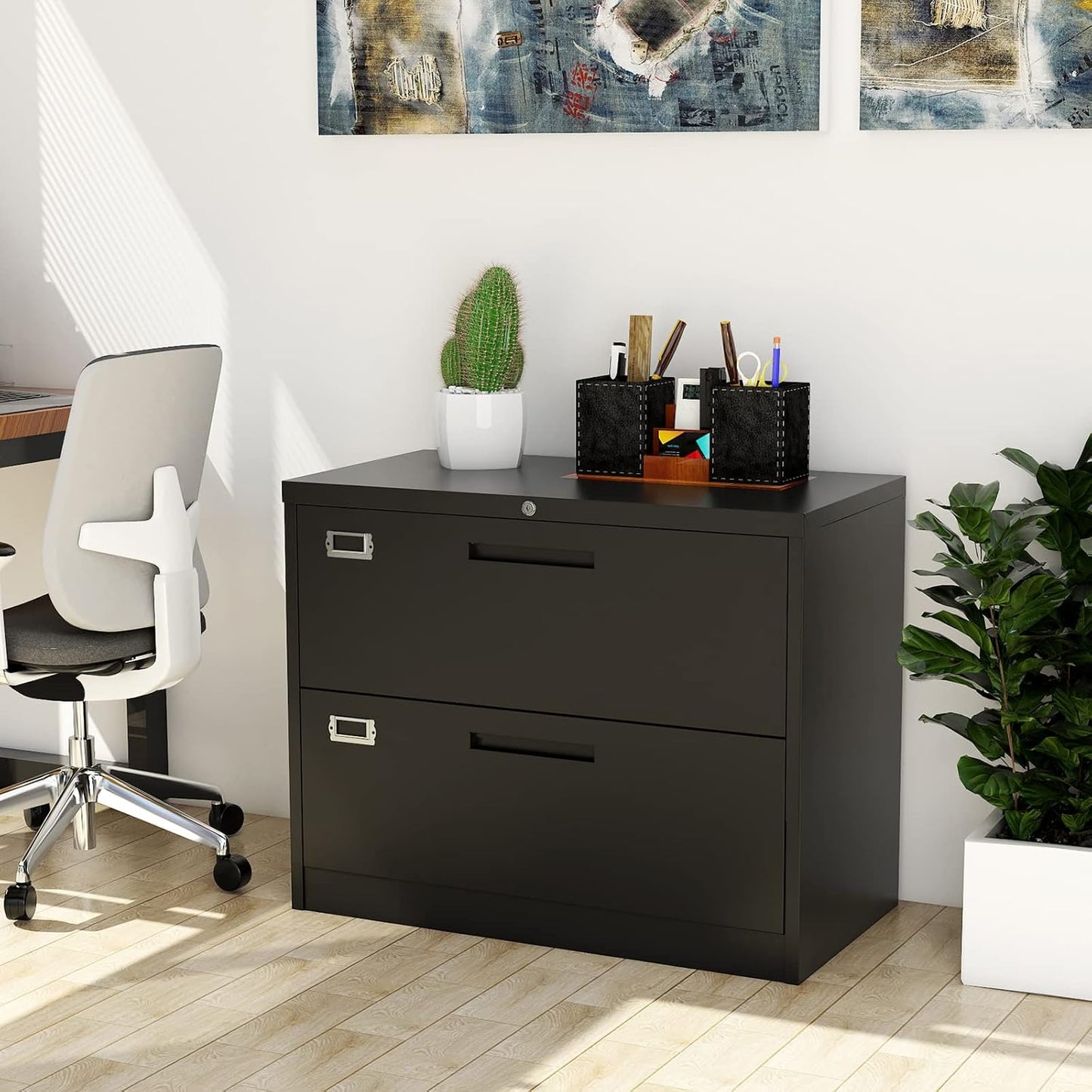 Lateral filing cabinet with lock, large metal filing cabinet with 2 drawers, lockable home office storage cabinet for hanging files Letter/Legal/F4/A4 format assembly required - QUORE