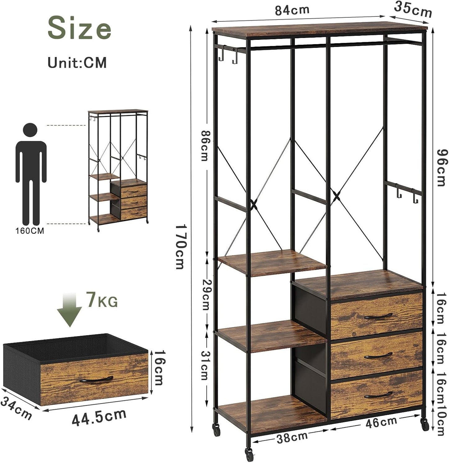 Kledingrek – Kledingkast – Garderoberek – Kledinghanger – Open Kledingrek – Stevig Stalen Frame – Verstelbare Planken & Laden – Wieltjes – Rustiek Bruin