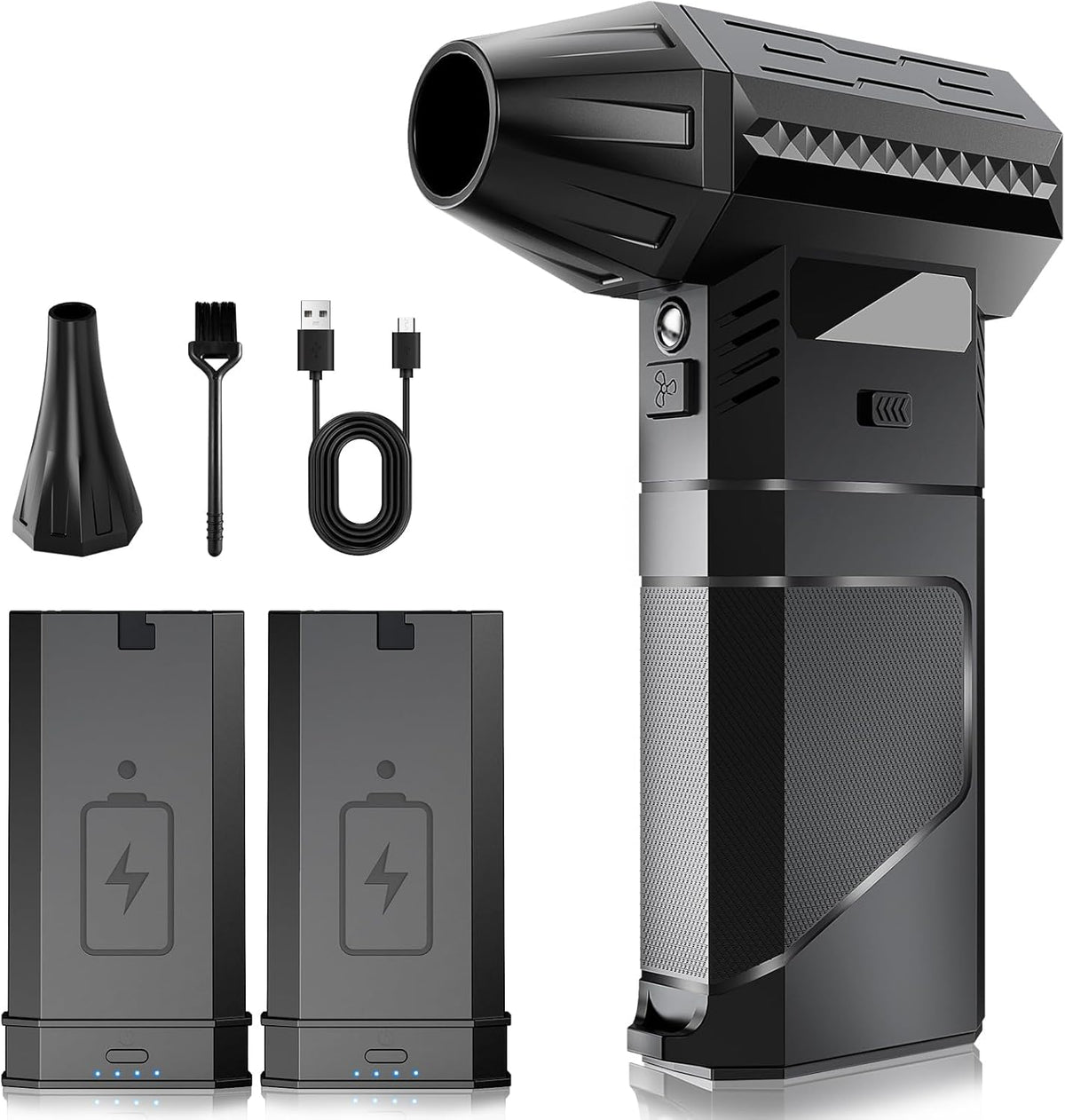 Luftduster Elektrische stofblazer met 2 modulaire wisselaccu's, 220 g + luchtstroom, persluchtspray met 2 magnetische sproeiers, 8000 mAh accu, 3 snelheden, led-mini-ventilator voor pc, toetsenbord