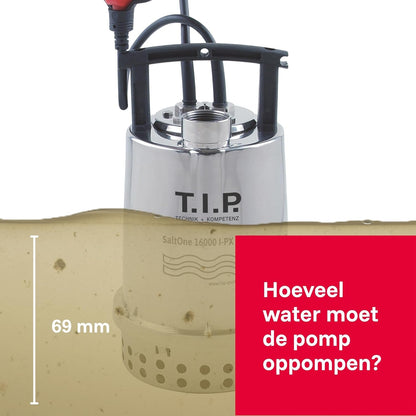 T.I.P. SaltOne 1600 I-PX DUO Dompelpomp voor zout water, debiet tot 16.000 l/u, max. opvoerhoogte/max. druk 10 m/1,0 bar, vloeistoffen tot 50°C, voor sop, ca. 4 min. tot 90 °C mogelijk