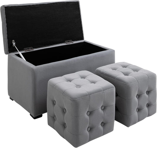 HOMCOM 3-piece bench with storage space 2 x ottoman upholstery ottoman bench storage box footstool foldable loadable up to 130 kg microfiber foam material wood-based light gray 75x40x42cm - QUORE