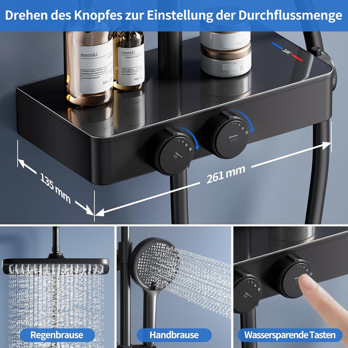 Douche Systeem – Thermostaatkraan – Regendouche – Handdouche – Douche Set – Matzwart – Constante Watertemperatuur 38°C – Verstelbare Draaibare Regendouche 360°