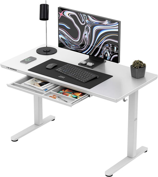 MARK ADLER Leader 8.5 | Electric Desk Height Adjustable | Matte Glass Plate | USB-C & Wireless Charging Function | Memory Function | Drawer | 120 x 60 cm | White - QUORE