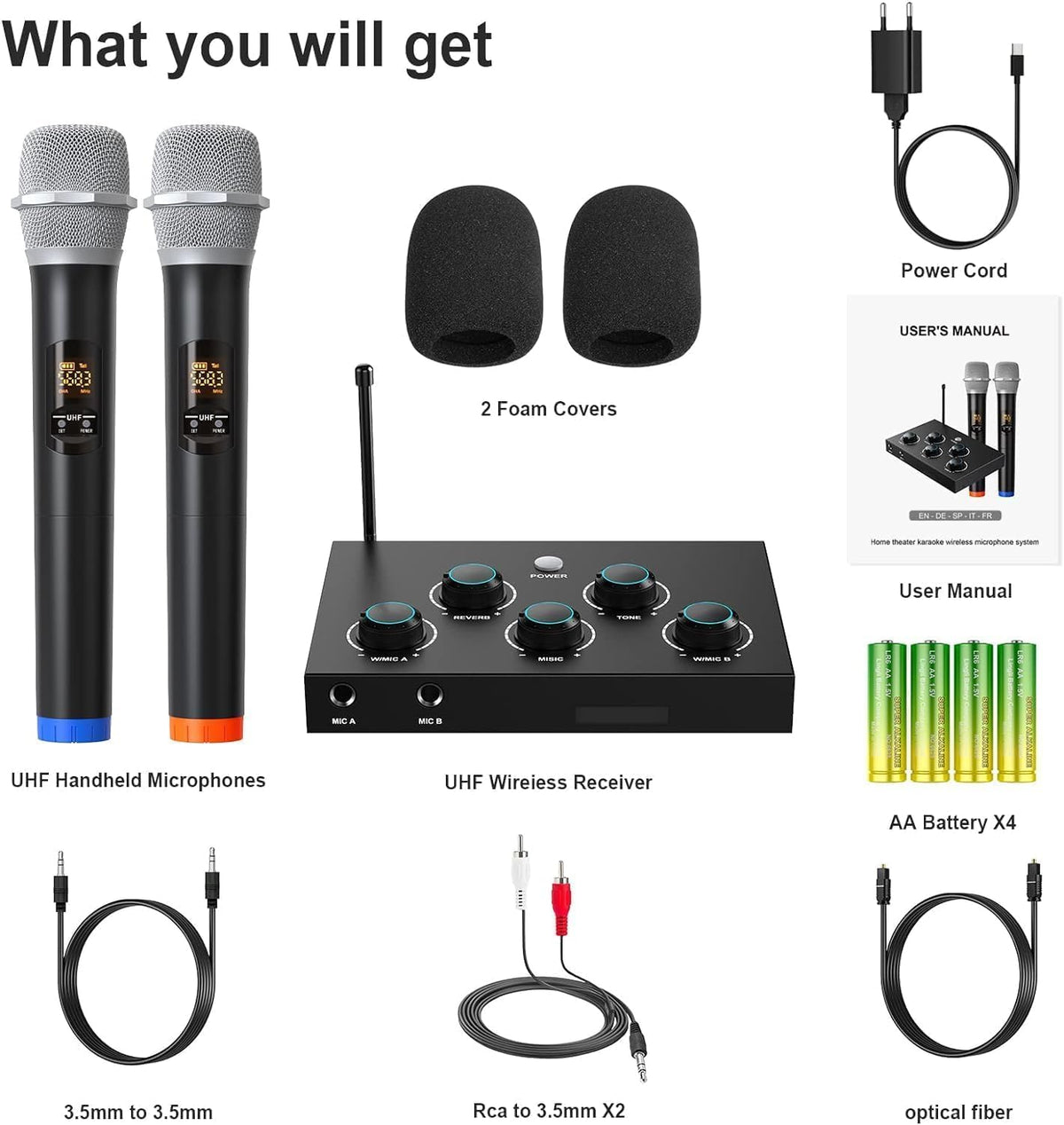 Draadloos microfoonsysteem, UHF karaoke-microfoon, draadloos microfoon voor karaoke, bruiloft, roadshow, conferentie, feest, compleet karaoke-set met draadloos microfoon