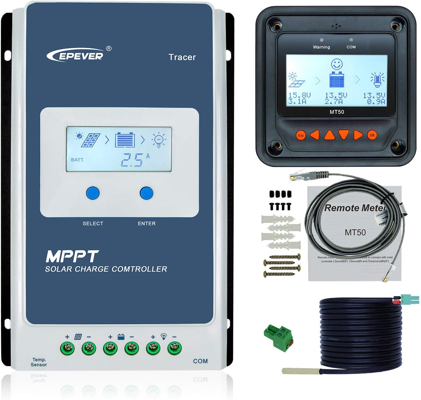 EPEVER MPPT Tracer3210AN laadregelaar, 30 A, afstandsbediening, MT50 hRTS temperatuursensor 12 V/24 V, auto voor zonnepaneel, batterijcontrolesysteem (30A+MT50+RTS)