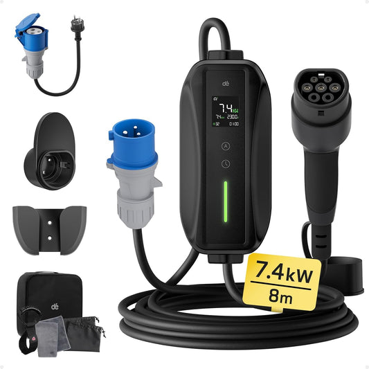 dé EV Oplader Type 2 7,4kW CEE [1-Fase| 8m| 6-32A] met Schuko-adapter, EV Lader CEE 7,4kW, met Digitale LCD-Bediening Compatibel met Model Y/3, 500e, e-208 en andere EV/PHEV