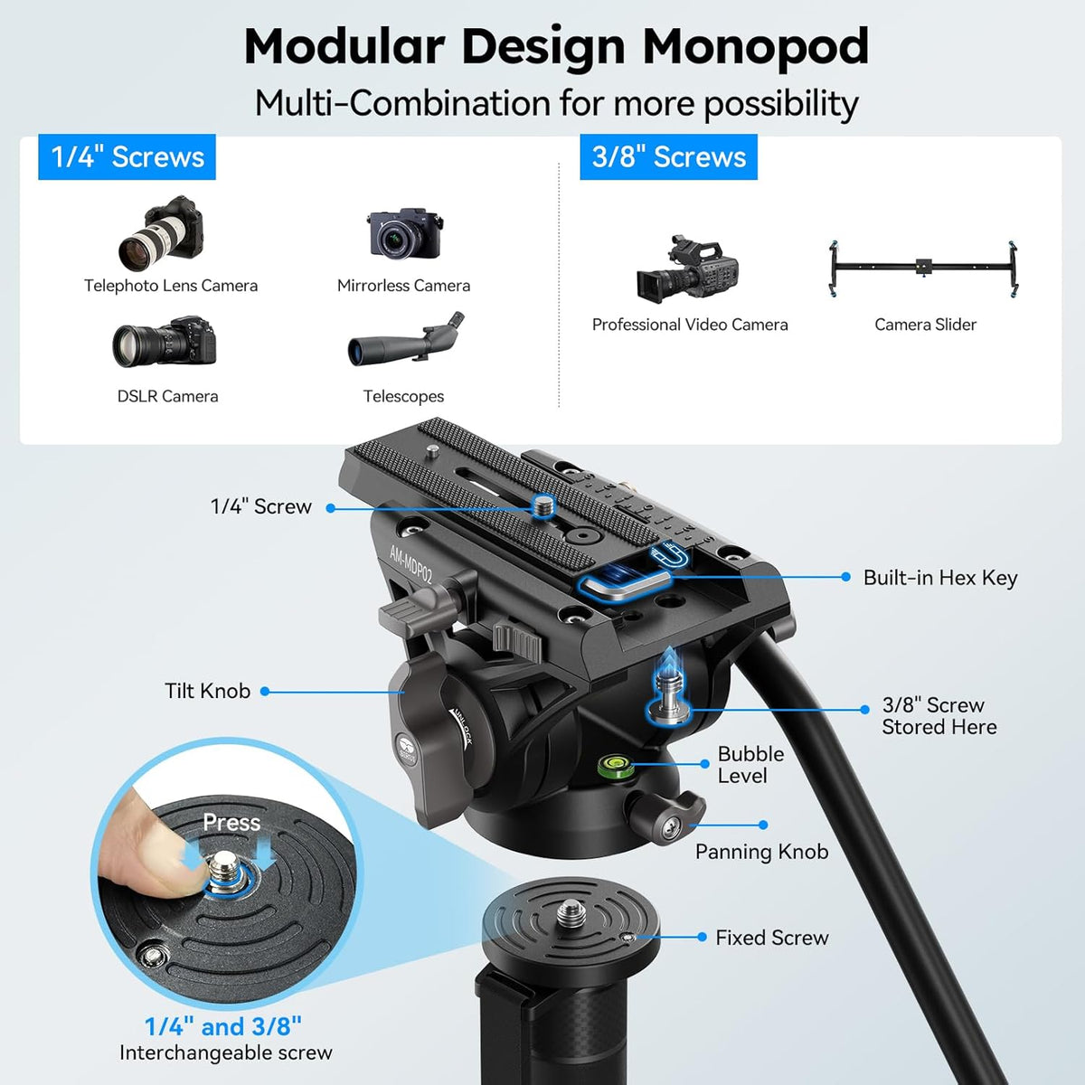 Camera monopod met voeten voor DSLR en camcorder – Monopod – Videomonopod – Reismonopod – Statiefbasis – Fluid head met 360° pan en -60°/+90° tilt – Aluminiumlegering, max. 188 cm en 8 kg