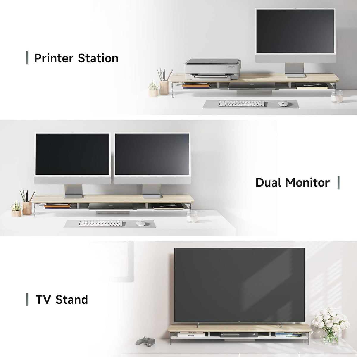 Fenge Monitorstandaard Acrilico, Verhoging voor Monitoren met Ruime Opbergruimte, Universele Monitorstand voor PC, Laptop en TV, Thuis en Kantoor (Eik, 108cm)