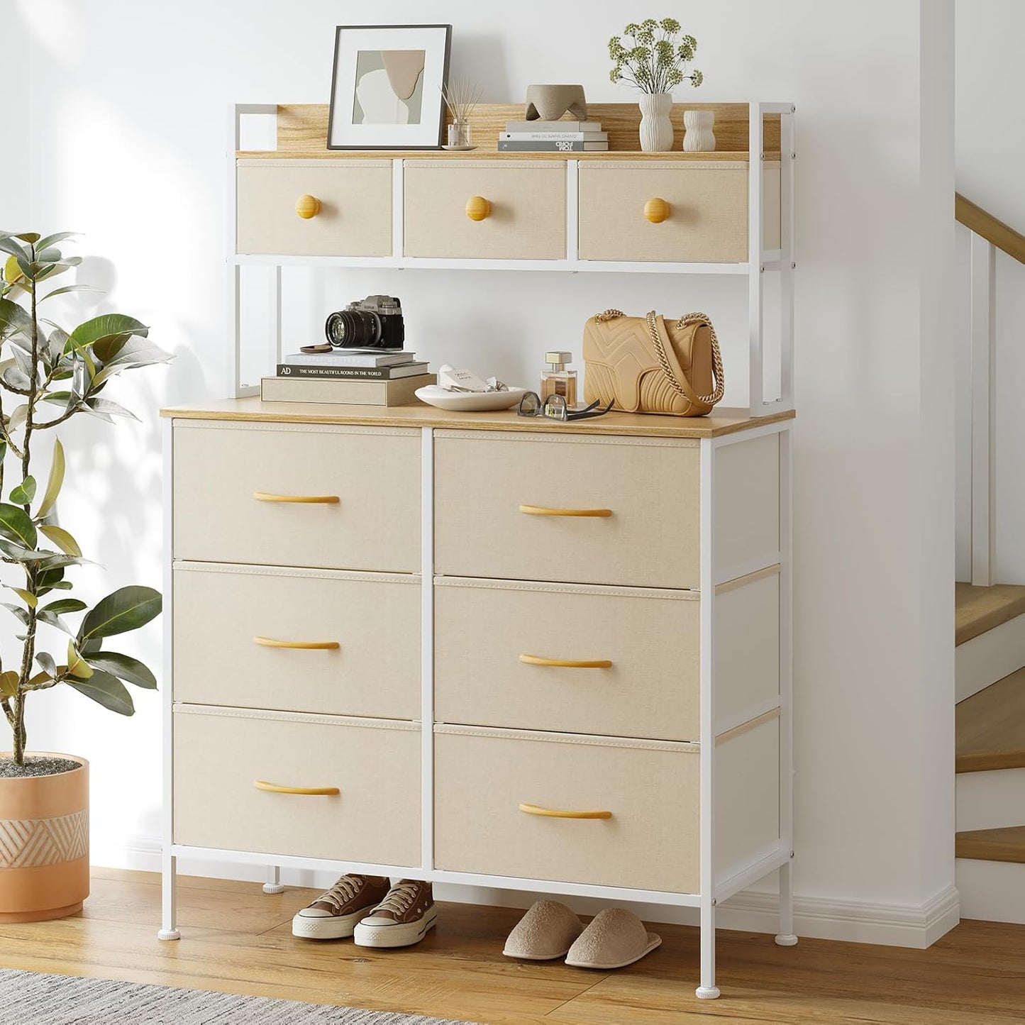 Ladekast – Opbergkast – Ladekast Met Handvatten – Ladekast Met Houten Bovenblad – Slaapkamerkast Beige – 9 Lades – Verstelbare Pootjes