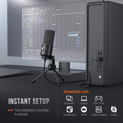 USB-Microfoon Zwart – Condensatormicrofoon – Studio Opnamemicrofoon – Streamingmicrofoon – Podcastmicrofoon – Plug & Play Via USB – Cardioïde Opnamepatroon