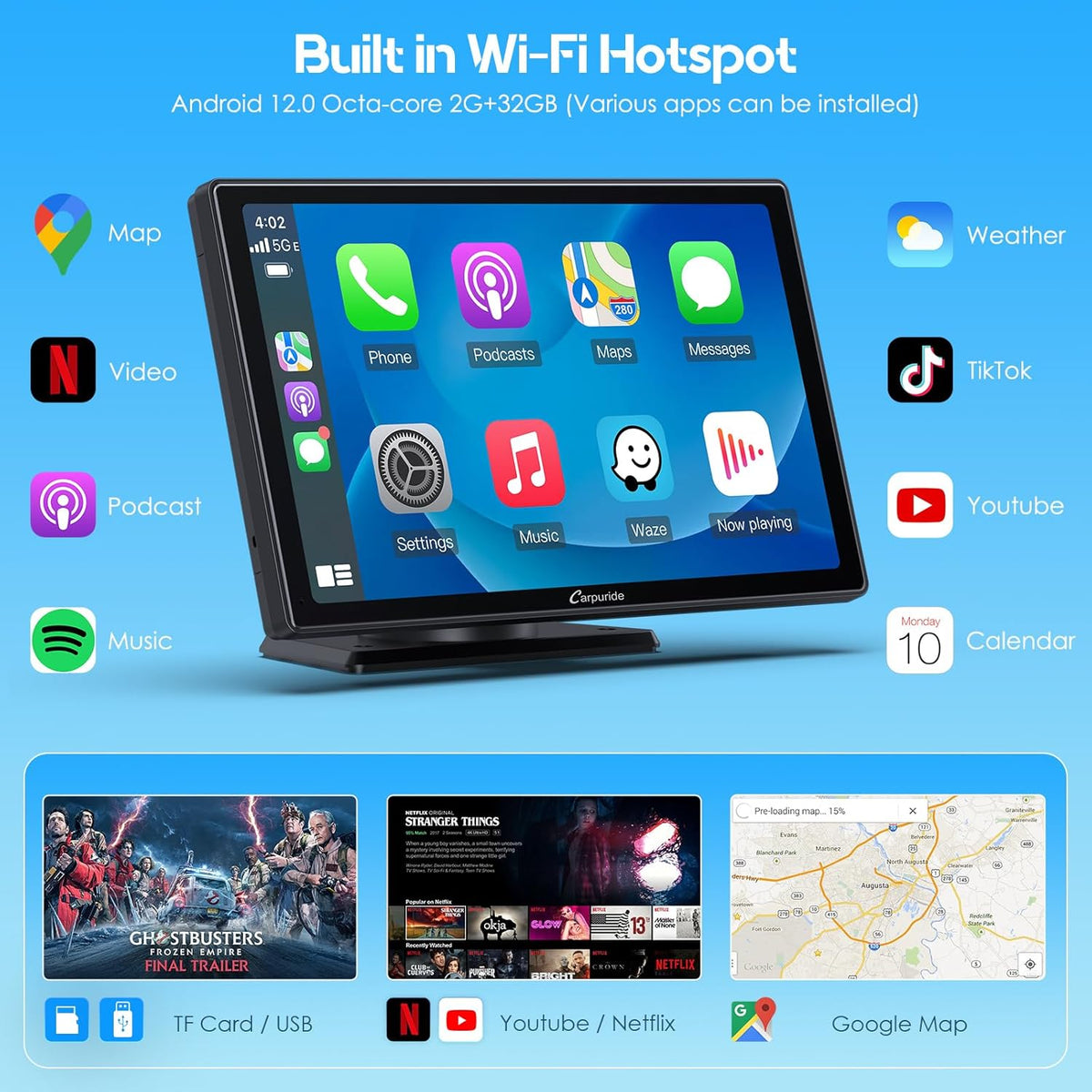 CARPURIDE 9 Zoll W901 Plus, Kabelloses CarPlay & Android Auto & Android 12.0, Online- und Offline-GPS-Navigation, Car Play-Bildschirm fürs Auto, G00GLE Play, Mirror Link, Bluetooth