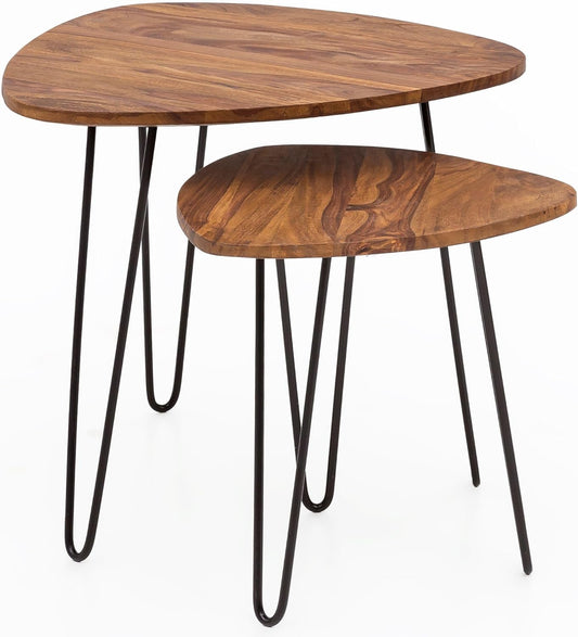 FineBuy Table Set Solid Sheesham Wood and Metal Side Tables | Living | Modern Nest Table - QUORE