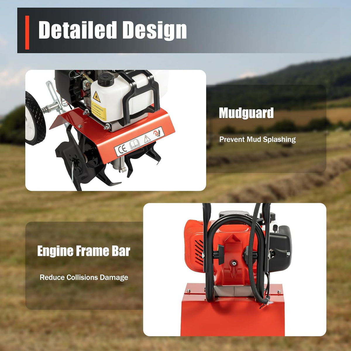 52CC 2-Stroke Garden Tiller, Petrol, 1.9 KW, Field Planter, Garden Cutter, Motor Chopper, 6500-7000 RPM, Petrol Cultivator, Motor Chop, Ground Cutter, Plow Cultivator, Field, Groove Pulling - QUORE