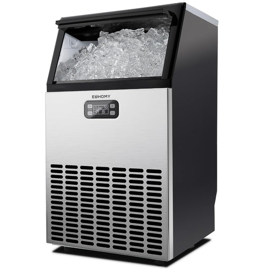 EUHOMY Commerciële ijsblokjesmachine, 45 kg/24 uur, roestvrij staal, ondertafel-ijsmachine met 15 kg ijsopslagcapaciteit, vrijstaande ijsmachine met timer, ideaal voor bars, drankwinkels en grote