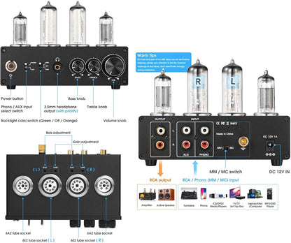Phono-Voorversterker Met Buizen – Platenspeler Voorversterker – RIAA Voorversterker – MM/MC Voorversterker – Hifi Voorversterker – 3,5 Mm Koptelefoonaansluiting – Treble En Bassregeling