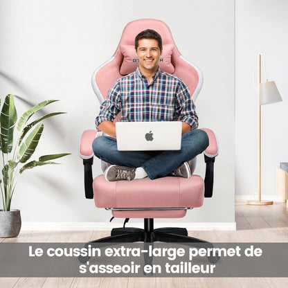 GTPLAYER Ergonomic gaming chair with fabric surface, seat cushion with springs, connecting armrests and footrest, pink - QUORE