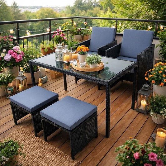 ESTEXO Polyrattan seating set, garden furniture, dining group, garden set, rattan furniture, rattan set, stool, garden chairs, garden table (4 people) - QUORE