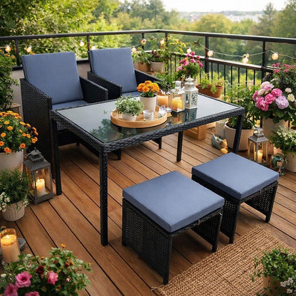 ESTEXO Polyrattan seating set, garden furniture, dining group, garden set, rattan furniture, rattan set, stool, garden chairs, garden table (4 people) - QUORE
