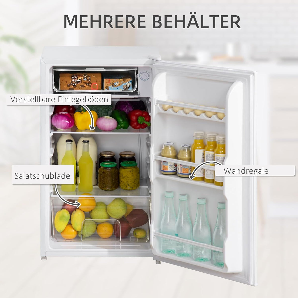 HOMCOM 91L koelkast met vriesvak 81L+10L, kleine koelkast met groentelade, eierrek, ijsbakje, verstelbare temperatuurregeling voor slaapzaal, kantoor, slaapkamer, wit