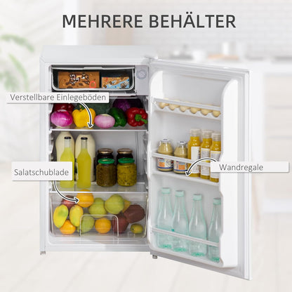 HOMCOM 91L koelkast met vriesvak 81L+10L, kleine koelkast met groentelade, eierrek, ijsbakje, verstelbare temperatuurregeling voor slaapzaal, kantoor, slaapkamer, wit