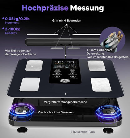 GE Lichaamsvetweegschaal GE personen: digitale weegschaal met lichaamsvet en spiermassa 8-elektroden lichaamsvetweegschaal met handsensoren BMI lichaamsgewicht spiermassa analyseapparaat, 180 kg/400