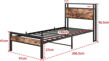 Eenpersoonsbedframe van massief metaal, met houten hoofdeinde, sterk ijzer, platformbedframe, eenpersoonsbed, geen boxspringbed nodig, matrasfundering, opslag onder het bed