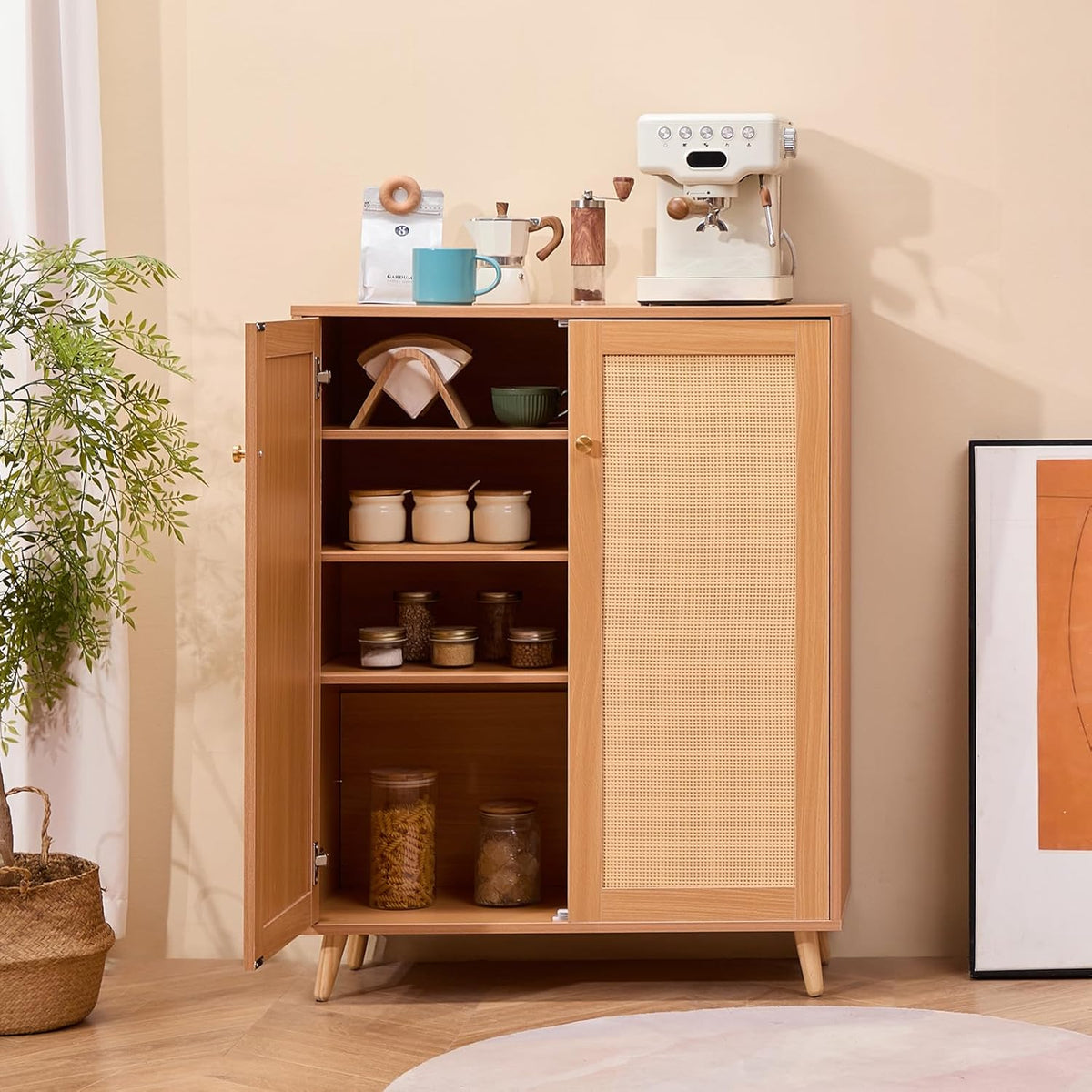 VEVOR Rotan schoenenkast, 5 lagen schoenenopbergorganizer met 2 deuren en verstelbare planken, 102,5 cm hoge rotan schoenopbergkast ideaal voor entree, kast, hal, lichte houtkleur