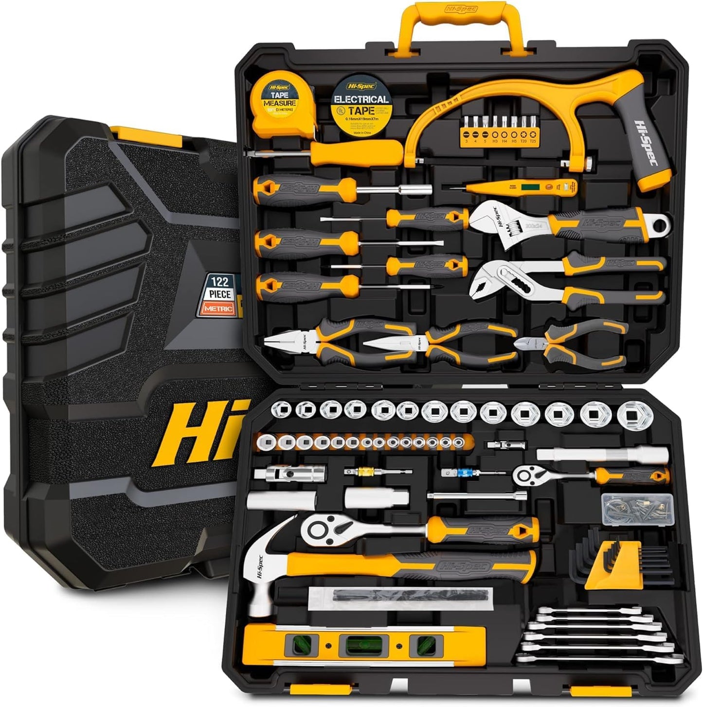 Hi-Spec 122-Delige Gereedschapskoffer - Gereedschapsset Voor In De Auto, Dowell Gereedschapsset Met Gereedschap Voor Thuis-, Werkplaats- En Voertuigreparaties Voor Vakmensen - Geel