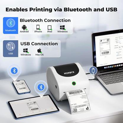 MUNBYN Bluetooth Shipping Label Printer, 4x6 Bluetooth Thermal Label Printer for Small Business, Compatible with iPhone, Android, Windows, macOS, Etsy, Shopify, eBay, Royal Mail, DHL, DPD, Evri, 411B