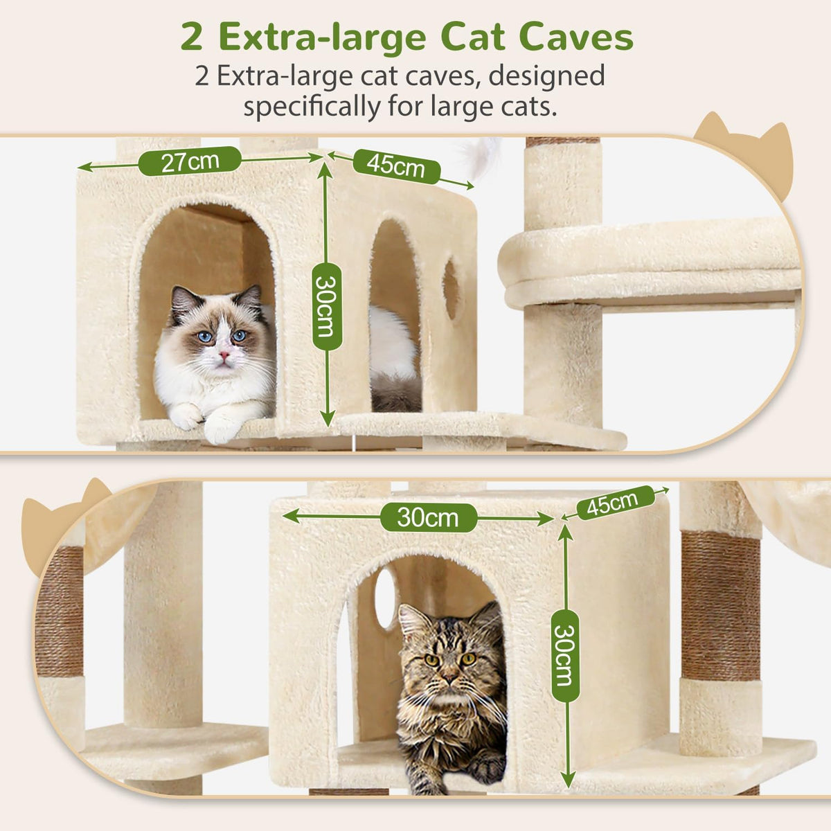 Kattenboom – Krabpaal – Kattenmeubel – Krabmeubel – Beige – Voor 3-5 Grote Katten – 2 Grote Kattenhuisjes 45x30 cm – 3 Ruime Platforms 45x45 cm