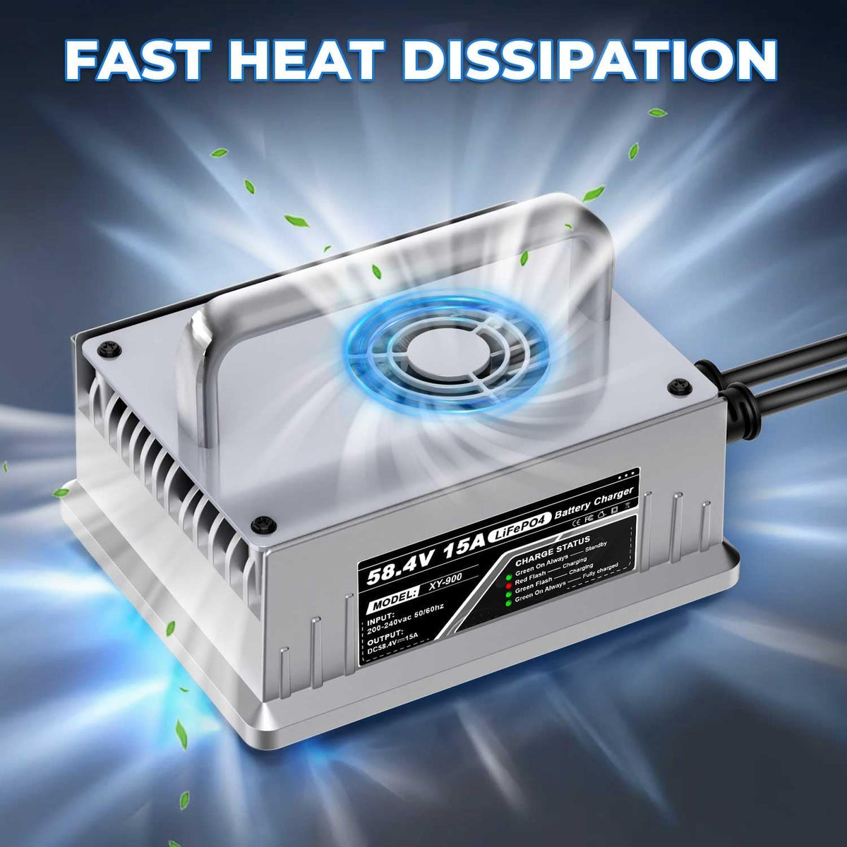 LiFePO4 Oplader – Batterijlader – Acculader – Snellader – 48 V Lithium-IJzerfosfaat – 58,4 V 15 A – Beveiligd Laden – Automatische Stopfunctie