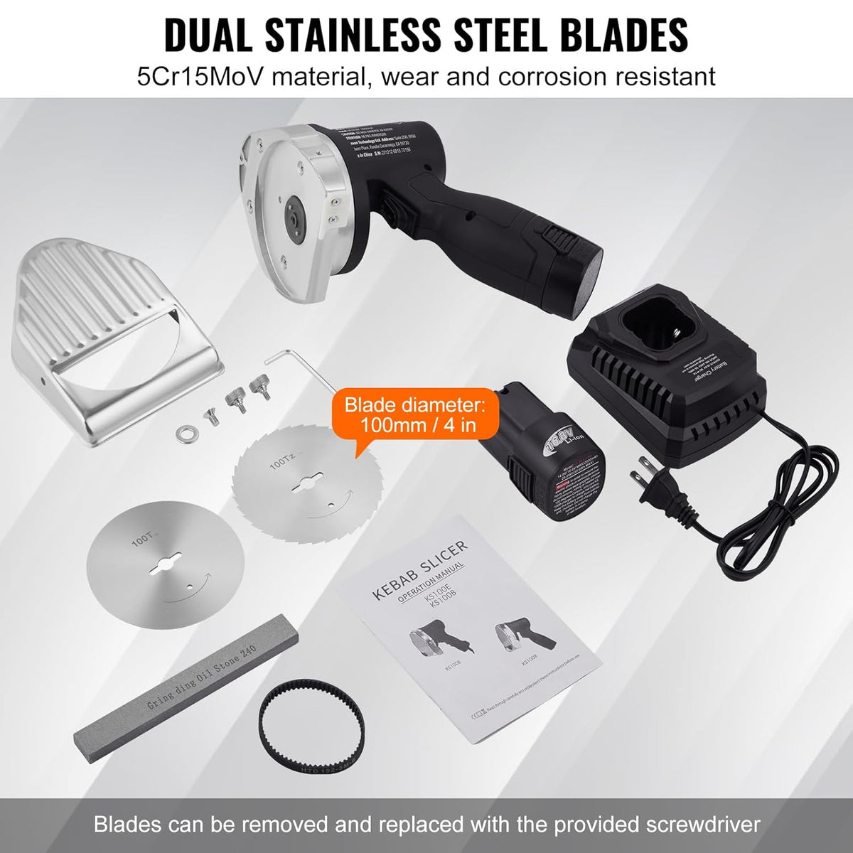 Elektrisch Kebabmes – Dönermes – Shoarmames – Gyrosmes – Vleessnijder – Draadloos – 80W Vermogen – RVS Messen 100mm – Instelbare Snijdikte 0-8mm